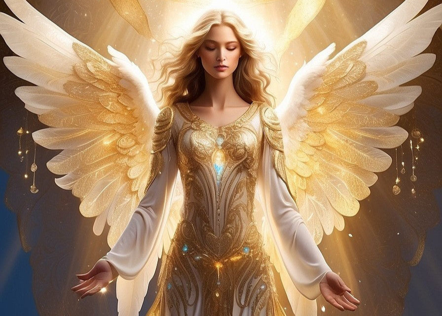 gylden engel med krystaller