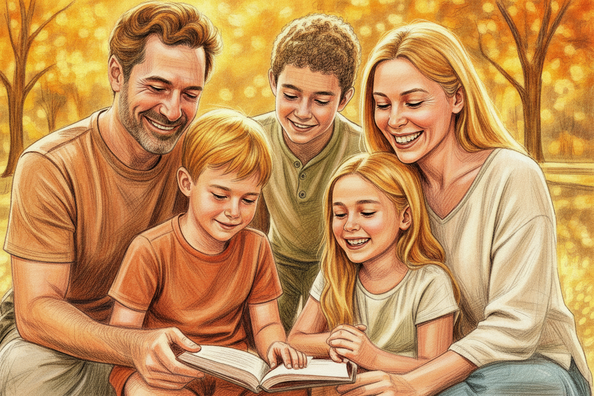 vis en familie med både børn og voksne, der udstråler glæde, ro og balance