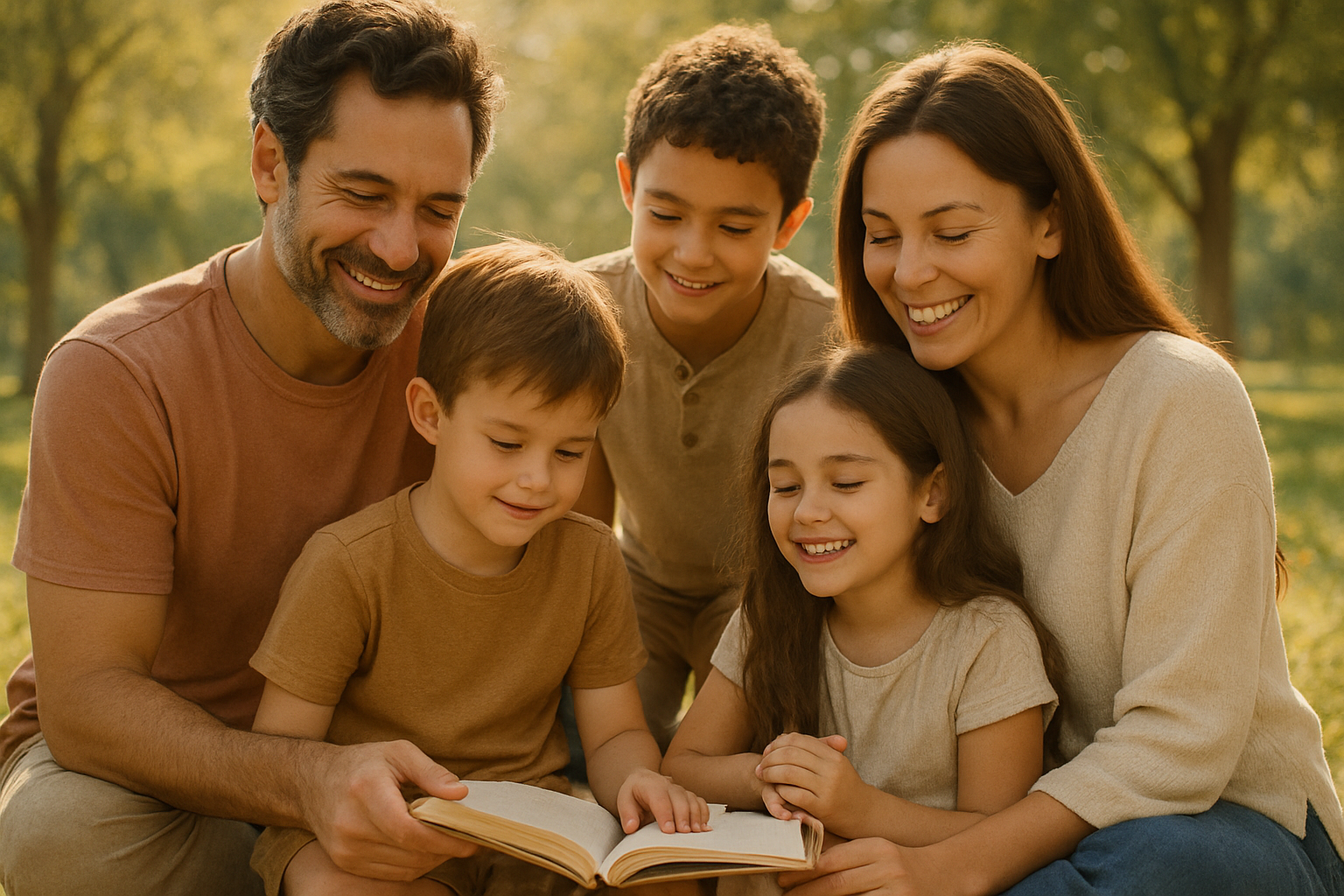 vis en familie med både børn og voksne, der udstråler glæde, ro og balance